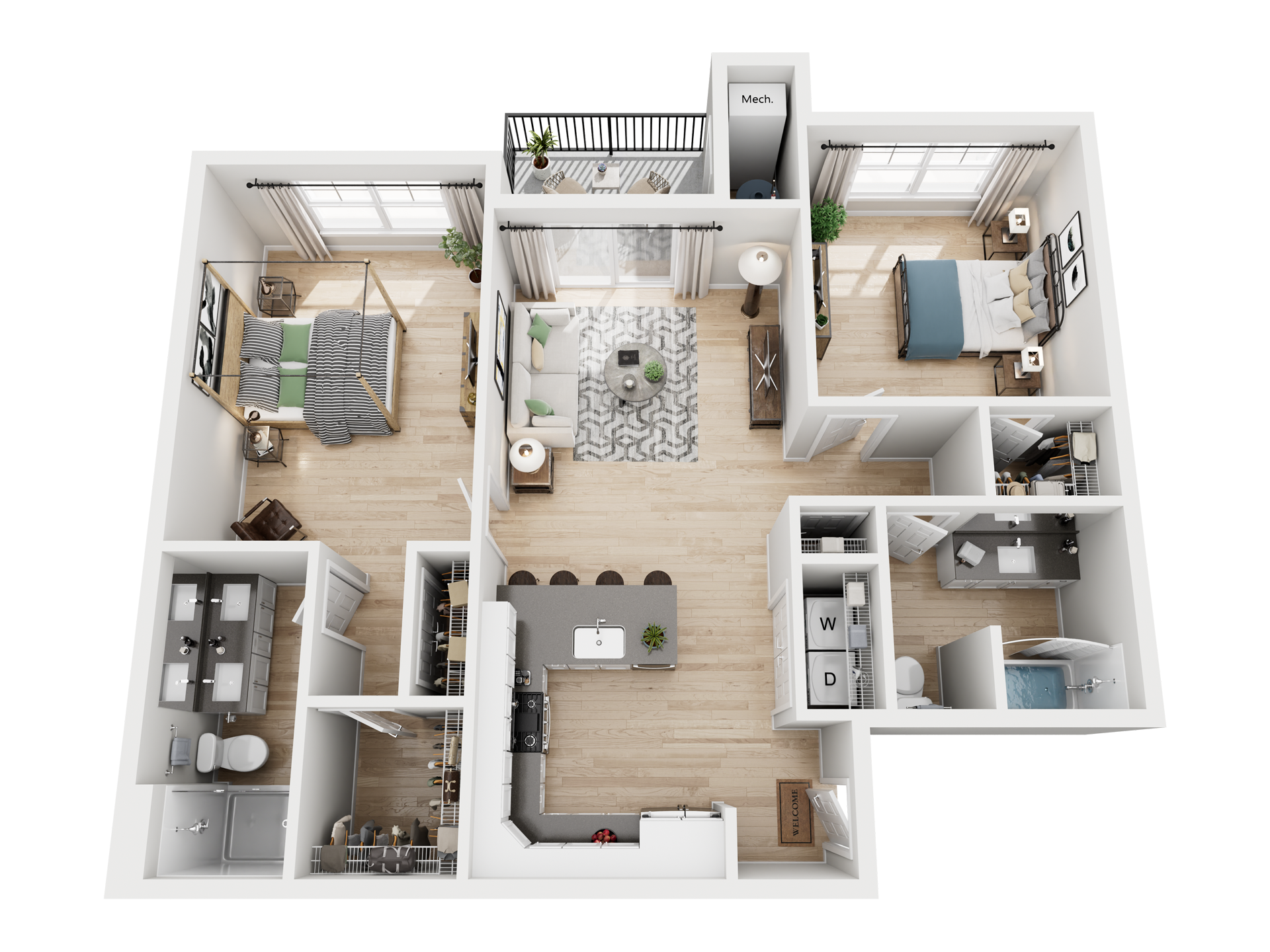 Two-bedroom apartment floor plan with kitchen, living area, balcony, two bathrooms, and laundry closet