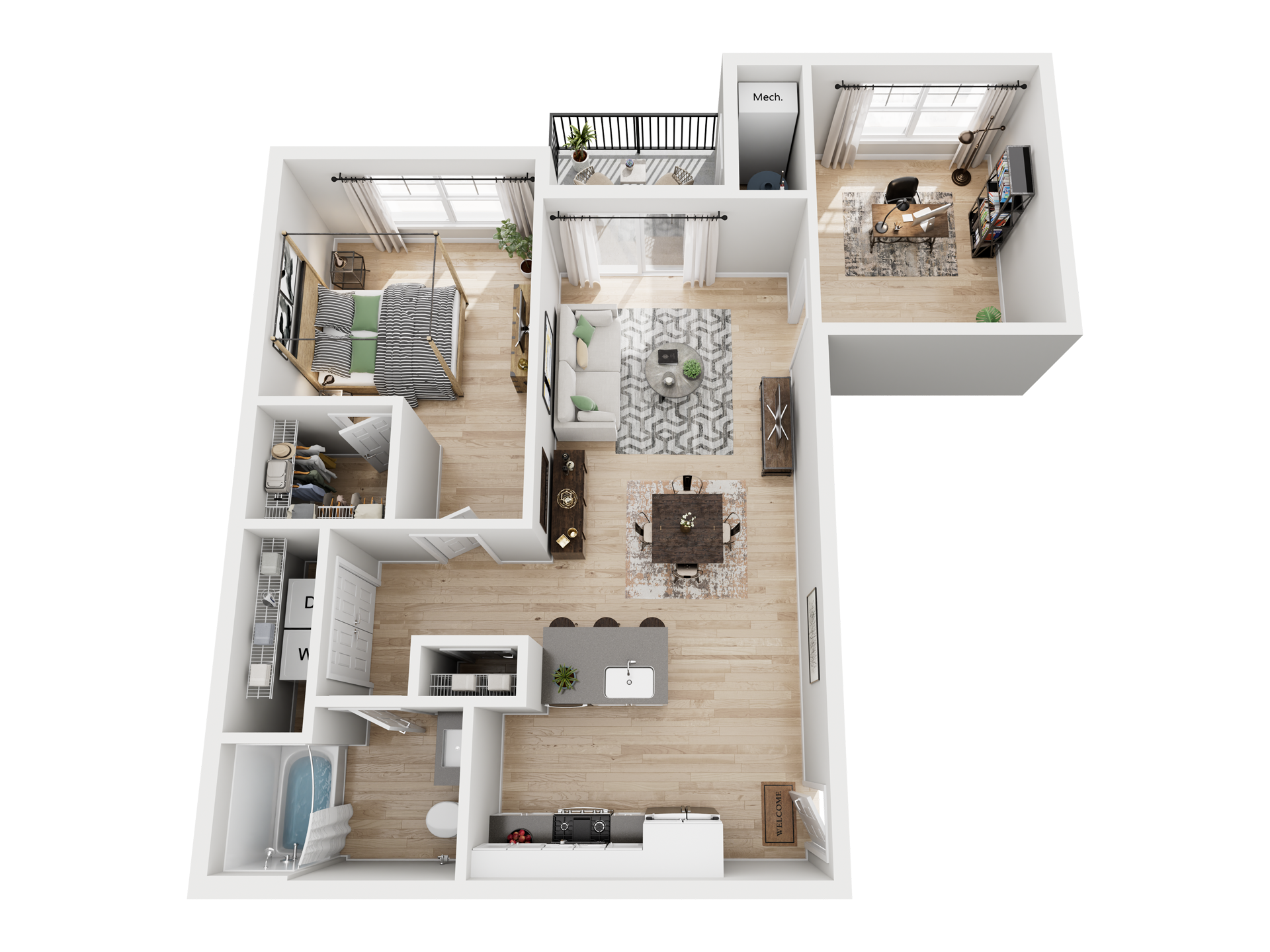 3D floor plan of a one-bedroom apartment with bedroom, den, living/dining area, kitchen, and bathroom