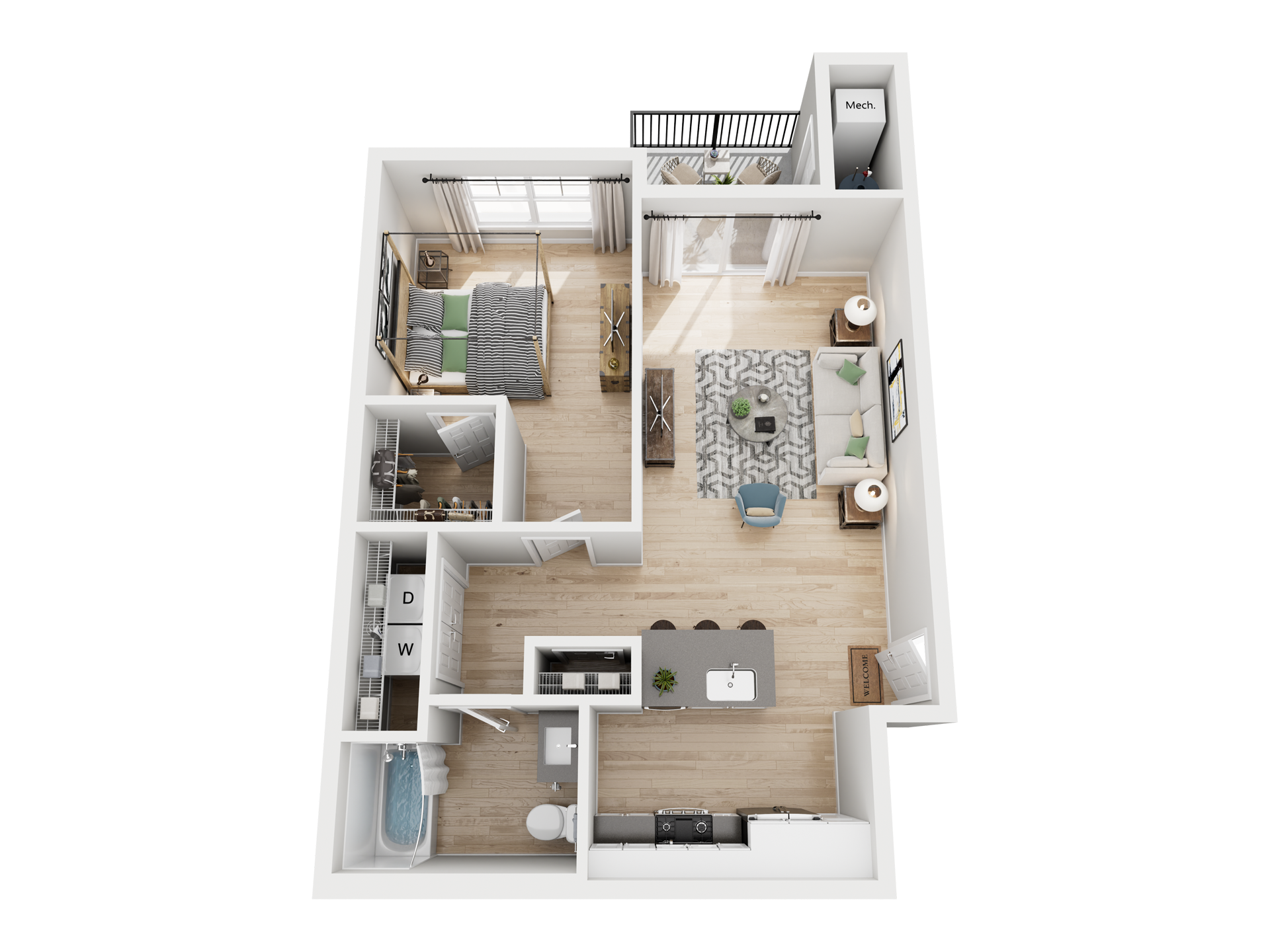 One-bedroom apartment floor plan with bedroom, living area, kitchen, bathroom, laundry, and private balcony