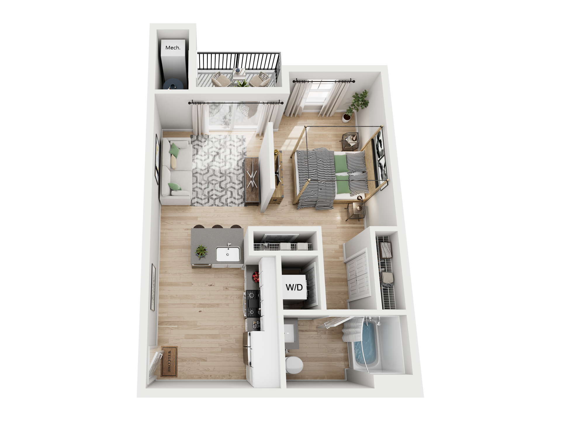 Floor plan of a one-bedroom apartment with living room, kitchen, bedroom, bathroom, balcony, and washer-dryer closet