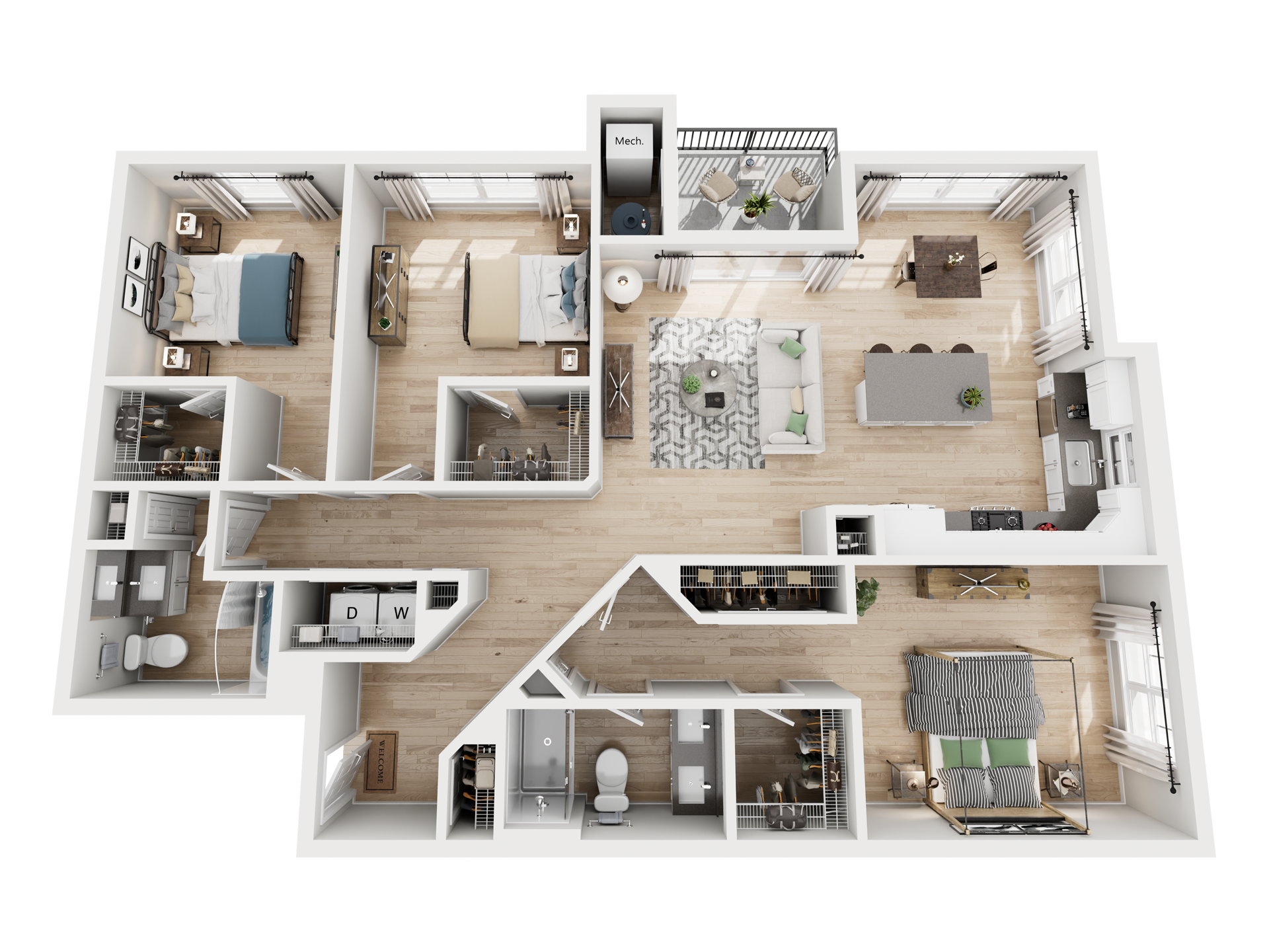 3D floor plan of a three-bedroom apartment with two bathrooms, kitchen, living and dining areas, and balcony