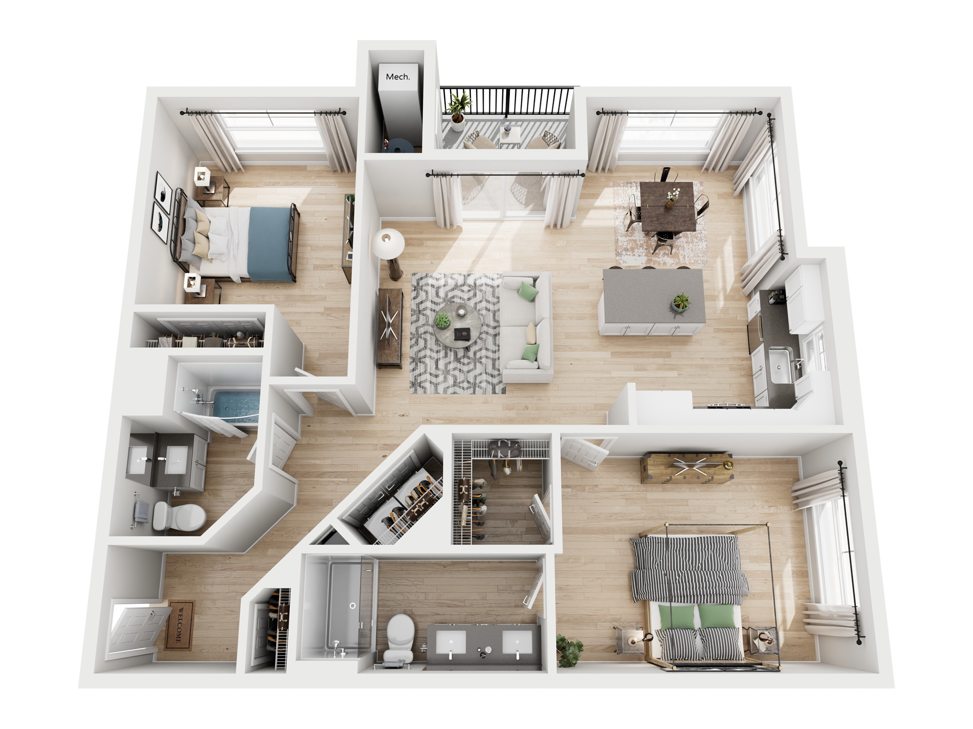 Overhead 3D floor plan of a two-bedroom apartment with living room, kitchen, balcony, two bathrooms and walk-in closets